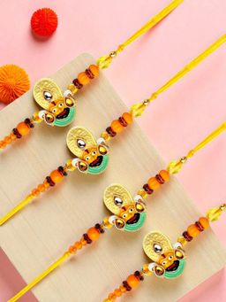 ADIVA - Pack Of 4 Lord Khatu Shyam Stone & Beads Thread Rakhi With Thali Roli Chawal Bag Gift Set