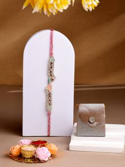 ADIVA - Peacock Cz Stone & Beads Thread Rakhi With Thali Roli Chawal Bag Gift Set