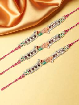 ADIVA - Pack Of 3 Peacock Cz Stone & Beads Thread Rakhi With Thali Roli Chawal Bag Gift Set