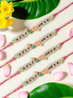 ADIVA - Pack Of 4 Peacock Cz Stone & Beads Thread Rakhi With Thali Roli Chawal Bag Gift Set