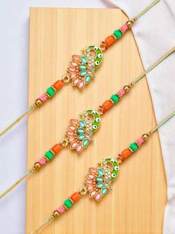 ADIVA - Pack Of 3 Gold-Plated Cz Stone & Beads Thread Rakhi With Thali Roli Chawal Bag Gift Set