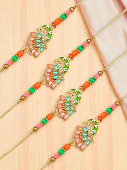 ADIVA - Pack Of 4 Gold-Plated Cz Stone & Beads Thread Rakhi With Thali Roli Chawal Bag Gift Set