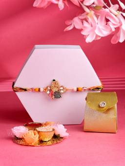 ADIVA - Lord Radha Krishna Kundan & Beads Thread Rakhi With Thali Roli Chawal Bag Gift Set