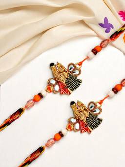 ADIVA - Pack Of 2 Lord Radha Krishna Kundan & Beads Thread Rakhi With Thali Roli Chawal Bag Gift Set