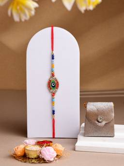 ADIVA - Evil Eye Cz Stone & Beads Thread Rakhi With Thali Roli Chawal Bag Gift Set
