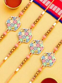 ADIVA - Pack Of 4 Floral Cz Stone & Beads Thread Rakhi With Thali Roli Chawal Bag Gift Set