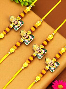 ADIVA - Pack Of 4 Lord Khatu Shyam Beads Thread Rakhi With Thali Roli Chawal Bag Gift Set