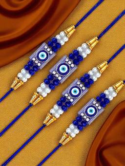 ADIVA - Pack Of 4 Evil Eye Cz Stone & Beads Thread Rakhi With Thali Roli Chawal Bag Gift Set