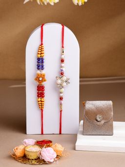 ADIVA - Pack Of 2 Cz Stone & Beads Floral Thread Rakhi With Thali Roli Chawal Bag Gift Set