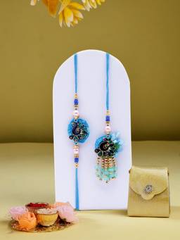 ADIVA - Gold-Plated Bead & Pearl Peacock Thread Lumba Rakhi With Thali Roli Chawal Bag Gift Set