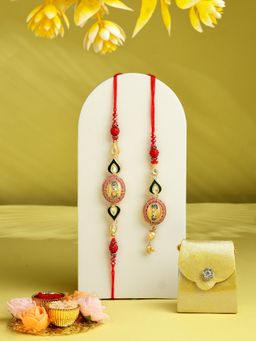 ADIVA - Gold-Plated Kundan & Beads Thread Lumba Rakhi With Thali Roli Chawal Bag Gift Set