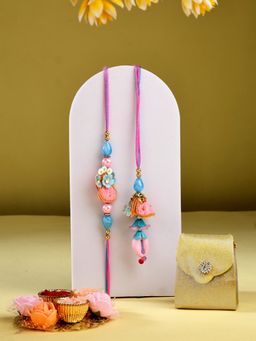 ADIVA - Beads & Pearls Floral Thread Lumba Rakhi With Thali Roli Chawal Bag Gift Set