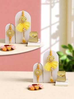 ADIVA - Pack Of 2 Stone-Studded & Beaded Lumba Rakhi With Thali Roli Chawal Bag Gift Set