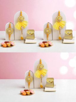 ADIVA - Pack Of 3 Stone-Studded & Beaded Lumba Rakhi With Thali Roli Chawal Bag Gift Set