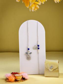 ADIVA - Silver-Plated Beaded Lumba Rakhi With Thali Roli Chawal Bag Gift Set