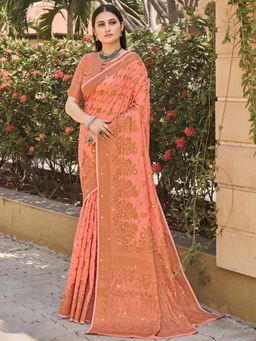 Odette - Womens Peach Cotton Woven Design Saree with Unstitched Blouse