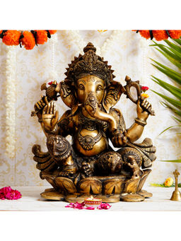 eCraftIndia - Lord Ganesha With Mukhut On Lotus Base Antique Look Handcrafted Premium Brass Idol