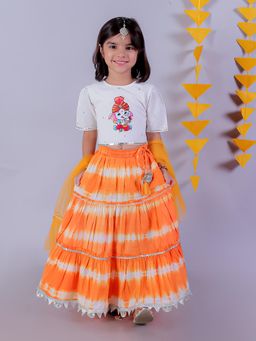 Lil Drama - Festive Girls Orange Lehenga and White Choli with Dupatta (Set of 3)