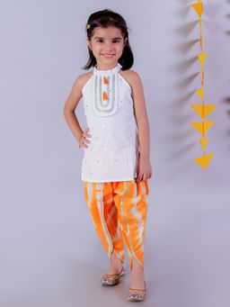 Lil Drama - Festive White Girls Cotton Kurta and Orange Dhoti (Set of 2)