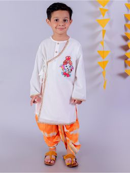 Lil Drama - Festive White Boys Cotton Kurta and Orange Dhoti (Set of 2)