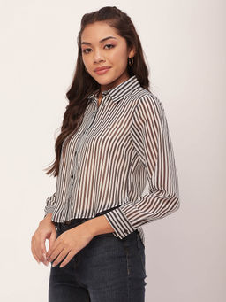 Moomaya - Stripes Print Collared Sheer Shirt
