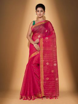Beatitude - Red Blended Cotton Woven Saree with Unstitched Blouse