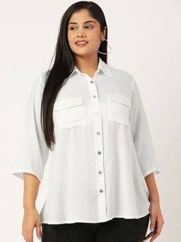 theRebelinme - Plus Size Women White Solid Colour Spread Collar Casual Shirt