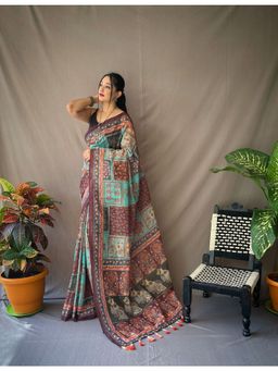 EXCLUSIVA - Blue Kalamkari Print Cotton Saree with Unstitched Blouse