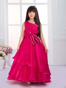 Tiny Kingdom - Pink Satin Woven Sleeveless Embellished Designed Gown