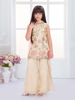 Tiny Kingdom - Cream Sleeveless Embroidered Designed Top and Palazzo with Dupatta