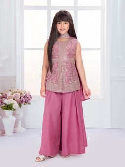 Tiny Kingdom - Pink Georgette Sleeveless Embroidered Top and Palazzo with Dupatta