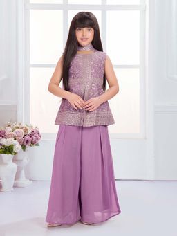 Tiny Kingdom - Purple Georgette Sleeveless Embroidered Top and Palazzo with Dupatta