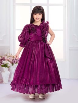 Tiny Kingdom - Wine Silk Round Neck Self Design Gown