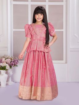 BETTY - Pink Woven Half Sleeves Floral Blouse and Lengha