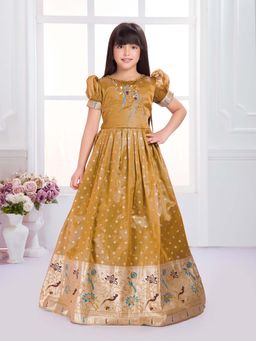 BETTY - Mustard Woven Half Sleeves Floral Evening Gown