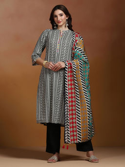 Shree - Liva Off White Printed Kurta Comfort Pant with Dupatta