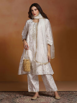 Shree - Poly Viscose Slub Off White Embroidered Kurta Comfort Pant with Dupatta