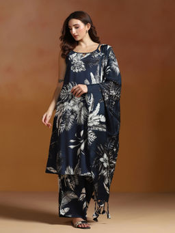 Shree - Liva Indigo Printed Kurta Wide Leg Palazzo with Dupatta