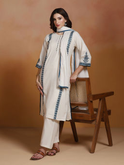 Shree - Cotton Flex Off White Embroidered Kurta Comfort Pant with Dupatta
