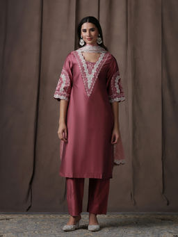 Shree - Silk Blend Pink Embroidered Kurta Comfort Pant with Dupatta