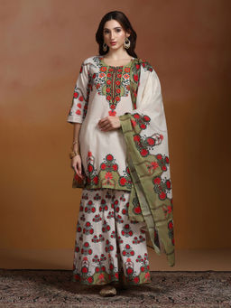 Shree - Cotton Off White Printed Kurti Sharara with Dupatta