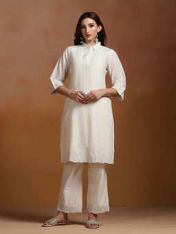 Shree - Cotton Off White Embroidered Kurta with Comfort Pant