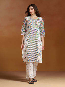 Shree - Cotton Slub Off White Printed Kurta with Comfort Pant