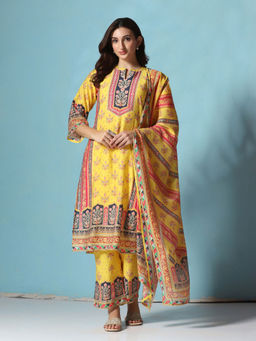 Shree - Chanderi Yellow Floral Print Kurta Comfort Pant with Dupatta