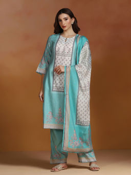 Shree - Poly Viscose Turquoise Floral Print Kurta Comfort Pant with Dupatta
