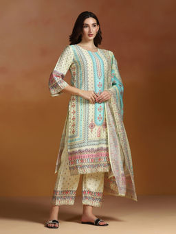 Shree - Poly Viscose Cream Floral Print Kurta Comfort Pant with Dupatta
