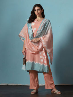 Shree - Poly Slub Peach Floral Print Kurta Comfort Pant with Dupatta