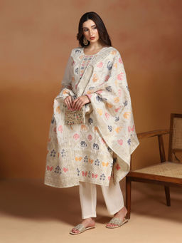 Shree - Off White Cotton Jacquard Kurta Comfort Pant with Dupatta