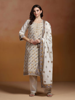Shree - Cotton Jacquard Off White Kurta Comfort Pant with Dupatta