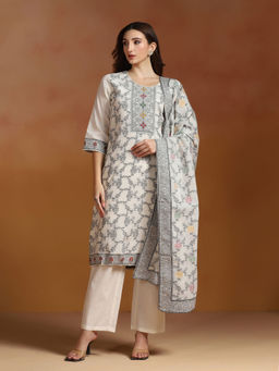 Shree - Off White Cotton Jacquard Kurta Comfort Pant with Dupatta